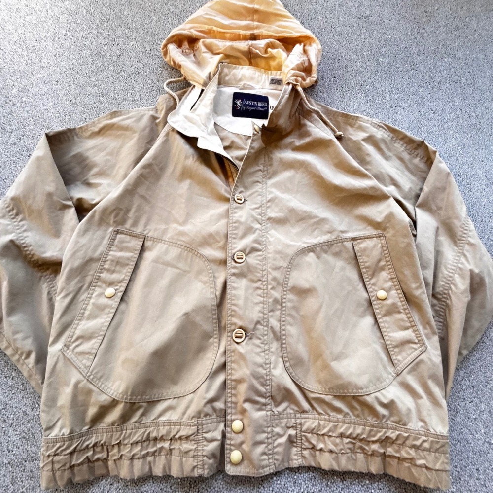 VTG 90s Austin Reed Hidden Hood Jacket Men L Tan Utility Pockets Street Gorpcore